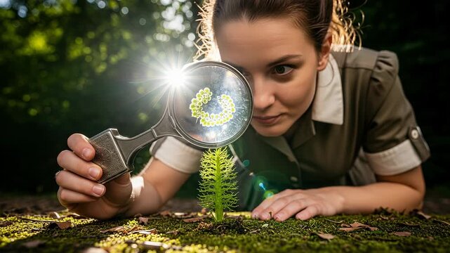Female botanist observes a plant with a magnifying glass in dappled sunlight