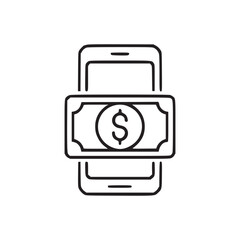 A line drawing of a smartphone with a dollar bill icon in the center on a white background image
