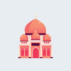 A vibrant orange mosque with domes and a crescent moon, depicted in a clean, modern flat illustration style. This Islamic religious building vector is isolated for design use