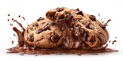 Delicious chocolate chip cookies with melting chocolate splash on white background Concept of sweet dessert, indulgence, and bakery