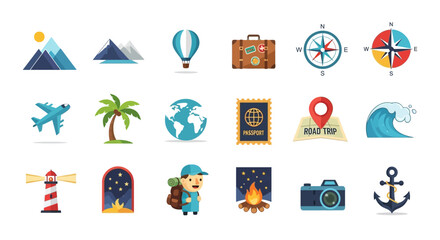 Collection of pixel art travel icons, featuring mountains, landmarks, and travel elements