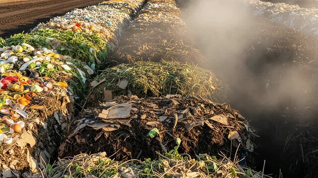 Organic compost layers with rising steam and signs of microbial activity in a composting windrow