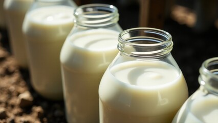 A row of glass bottles filled with milk