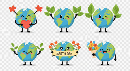 Cute Earth Day Characters Vector Set &ndash; Adorable Globe Environmental Illustrations