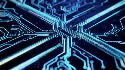 Blue electronic circuit board pattern with glowing lines and futuristic technological design in macro digital style. - Powered by Adobe