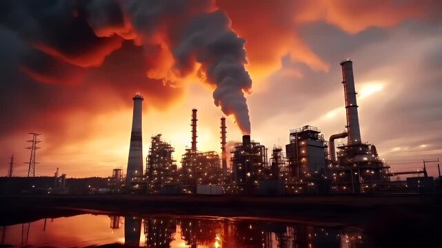 Oil refinery. A vivid portrayal of an industrial setting during sunset. The sky is painted in a gradient of fiery oranges and deep reds, creating a dramatic backdrop for the towering structures.