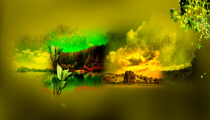 Vibrant Surreal Landscape with Dramatic Sky and Lush Foliage