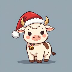 Fototapeta premium Adorable Fluffy Calf Santa Hat with Bell