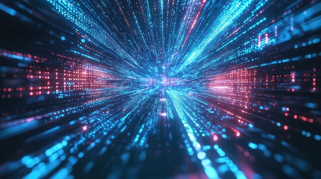 Digital data streaming in cyberspace with glowing particles - Powered by Adobe