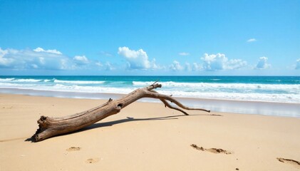 Sunset Seascape with Driftwood Driftwood scattered on a sandy beach at sunset. The scene should evoke a sense of calm and tranquility. Driftwood on a sandy