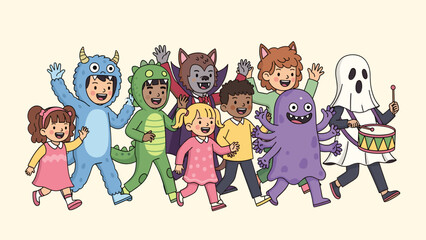 Happy diverse children in fun Halloween and monster costumes walking and waving, cartoon illustration