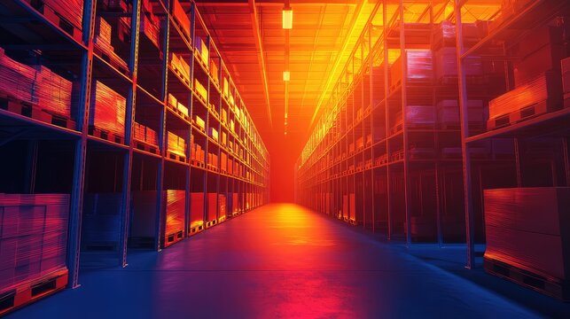 Futuristic warehouse storing inventory on high industrial shelves