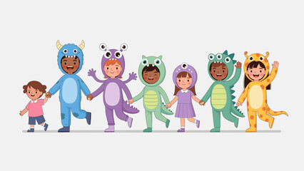 Happy Diverse Children in Colorful Monster and Animal Costumes Holding Hands