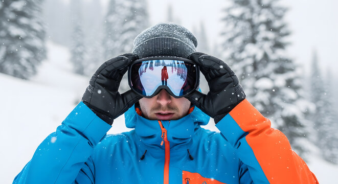 Man adjusting ski goggles while standing in snowy mountain landscape  