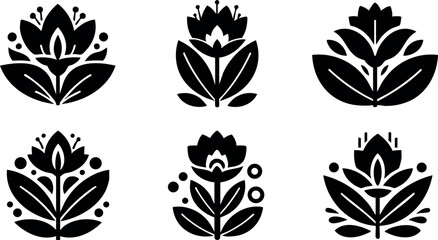 Floral decorative vector icons with black stylized flower designs for artistic and ornamental use
