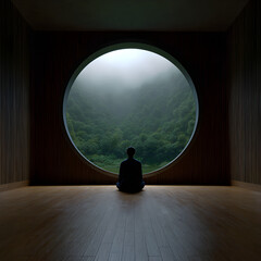 Obraz premium Contemplative Serenity Person Meditating Before a Window to Nature's Mystical Greenery