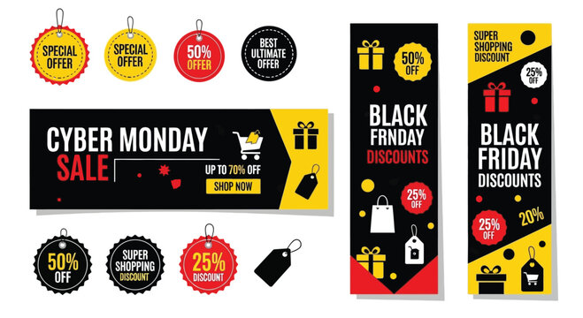 Set of sale banners Cyber Monday and Black Friday featuring discount offers and shopping icons advertising campaigns