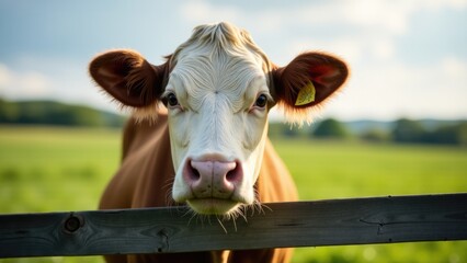 A brown and white cow stands next to a wooden fence