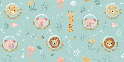 Cute underwater seamless pattern with lion, elephant, giraffe in diving helmet Cartoon animal characters and sea life on light blue background Concept of kids design and wallpaper