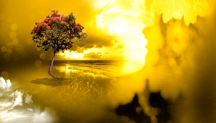 Vibrant abstract artwork with a solitary tree silhouette against a dramatic, glowing yellow and orange background, evoking a sense of wonder and power