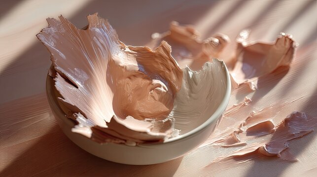 Creamy texture and soft hues of a partially used bowl of cosmetic product with scattered remnants on wooden surface