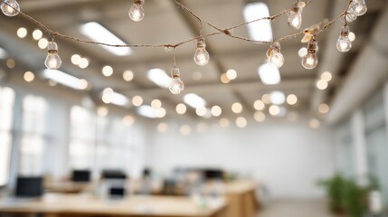 In a contemporary open office environment, soft string lights illuminate workstations, adding a cozy ambiance. Natural light filters through large windows, enhancing creativity and teamwork