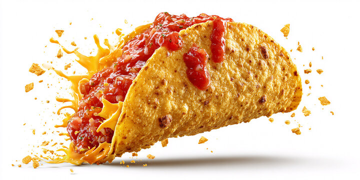 Delicious crispy taco with salsa and cheese explosion on white background Concept of fast food, mexican cuisine, and food photography - Powered by Adobe