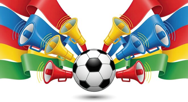 Vibrant celebration of football with multiple colorful megaphones and national flags creating excitement and fanaticism for a sporting event