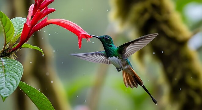 Hummingbird Sipping Nectar from a Vibrant Red Flower in Lush Rainforest. - Powered by Adobe