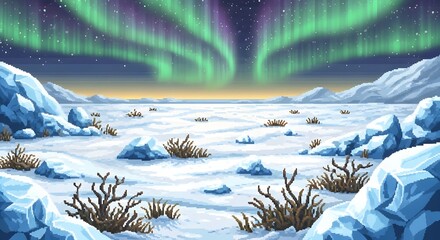 A pixel art depiction of a vast, snow-covered arctic landscape under a vibrant green and purple aurora borealis sky with icy rocks and sparse tundra vegetation.