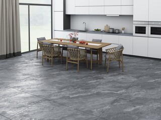 Modern kitchen interior design with quartz countertop, marble backsplash, and wooden cabinetry under soft lighting, wooden dining table with wooden chairs. Mockup. 3D Rendering