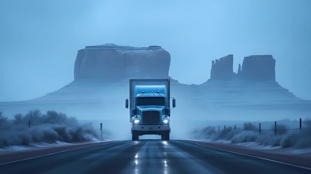 A large blue semitruck driving on a foggy road. The truck is in motion, with its headlights on, illuminating the path ahead. The road is wet, suggesting recent rain.