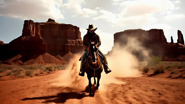 A vivid portrayal of a cowboy riding a horse through a desert landscape. The cowboy is depicted in a dynamic pose, with the horse trotting forward, its mane and tail flowing behind.