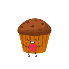 Muffin cute cartoon character, holds a heart love symbol, sweet baked goods, pastry, smile face kawaii joy happy emotions icon vector illustration.