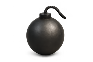 Black old-fashioned spherical bomb with lit fuse representing explosion, danger, risk, or a looming problem, transparent background