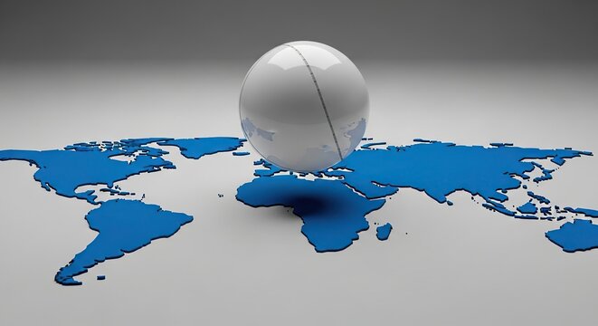 A white rugby ball standing upright on a blue world map illustration representing global sports and international competition