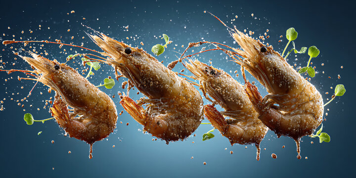 Delicious cooked shrimp with herbs and spices, presented with a splash effect on a blue background Concept of gourmet seafood, culinary arts, and food photography