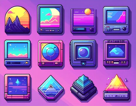 Assorted vibrant digital displays with retro-futuristic themes