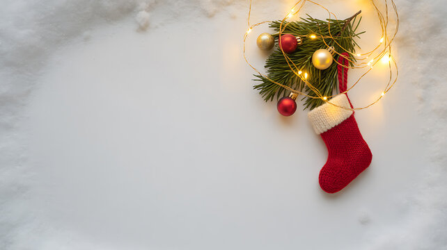 Red Christmas stocking with ornaments and lights on snowy background