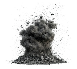 A large cloud of smoke and debris is rising from the ground