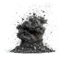 A large cloud of smoke and debris is rising from the ground