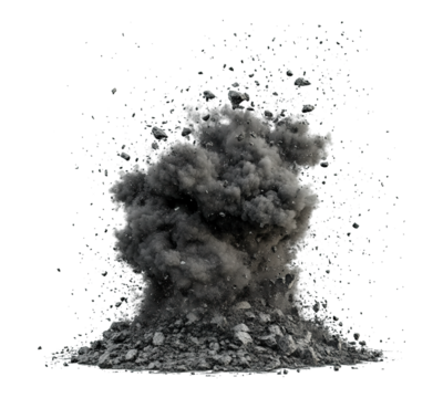 A large cloud of smoke and debris is rising from the ground