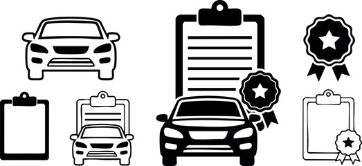 Car certificate icons with award badge and clipboard set for vehicle inspection and approval vector illustration
