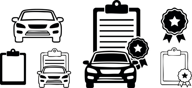 Car certificate icons with award badge and clipboard set for vehicle inspection and approval vector illustration
