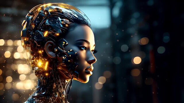 A highresolution digital artwork featuring a female figure with a complex, intricately designed headpiece. The headpiece is adorned with glowing, golden elements that illuminate the scene.