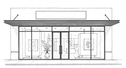 Clean architectural storefront sketch with flat awning, wide glass entrance, minimalist framing, and organized modern boutique commercial appearance.