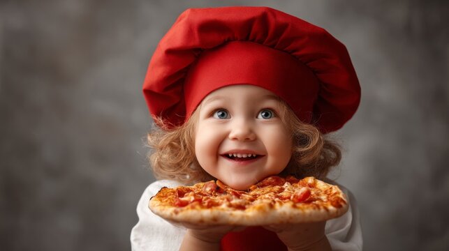 In a cozy kitchen, a young girl wearing a bright red chef hat and apron beams with happiness as she holds her freshly made pizza, eager to share her creation