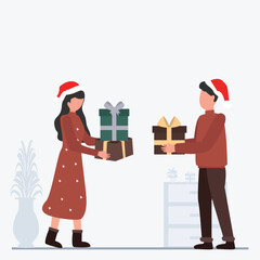 Giving gifts for Christmas concept. Happy man and woman giving gift. Girlfriend and boyfriend in love. Happy holiday congratulations. vector illustration