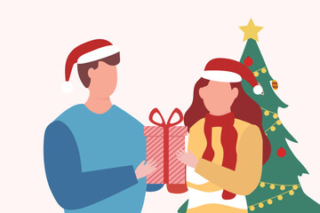 Giving gifts for Christmas concept. Happy man and woman giving gift. Girlfriend and boyfriend in love. Happy holiday congratulations. vector illustration