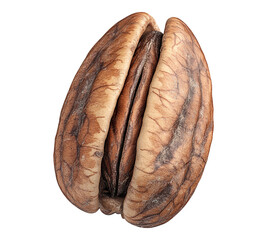 A nut is shown in its shell, with the shell being brown